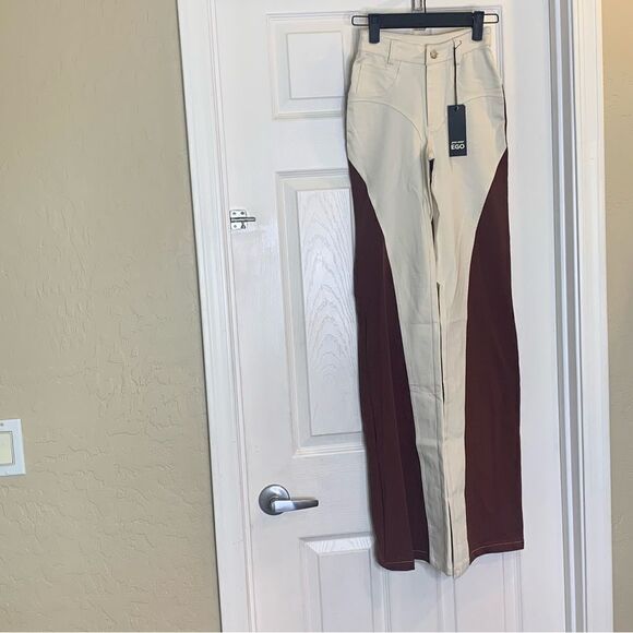 EGO Shea High Waist Panel Detail Straight Leg Trousers In Brown And Cream Nude - Picture 11 of 12